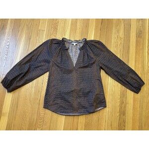 Anna Cate James Croc Print Blouse Long Sleeve V Neck Brown Ruffle Neck M